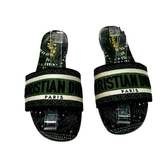 Christian Dior Dway Animals Print Embroidered Slides Green Black 38.5 Sandals - Picture 2 of 12